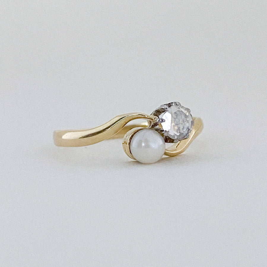 Vintage Rose Cut Diamond & Pearl Toi et Moi Ring