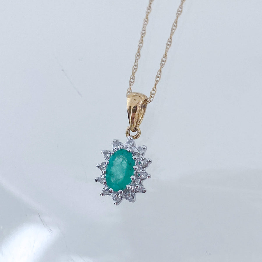 Vintage Emerald & Diamond Halo Pendant & Necklace