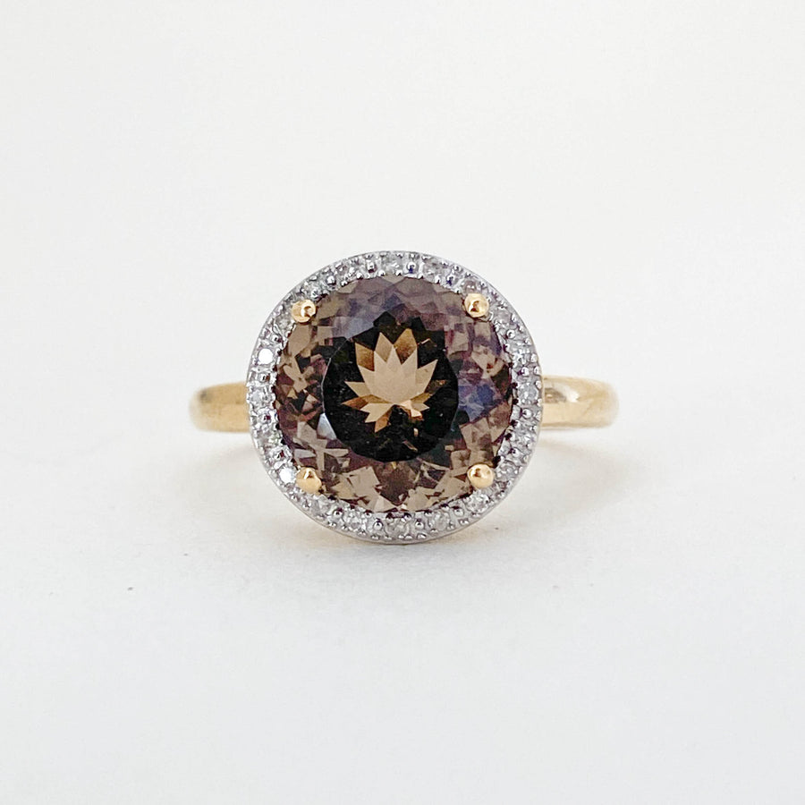 Vintage Smoky Quartz & Diamond Halo Ring