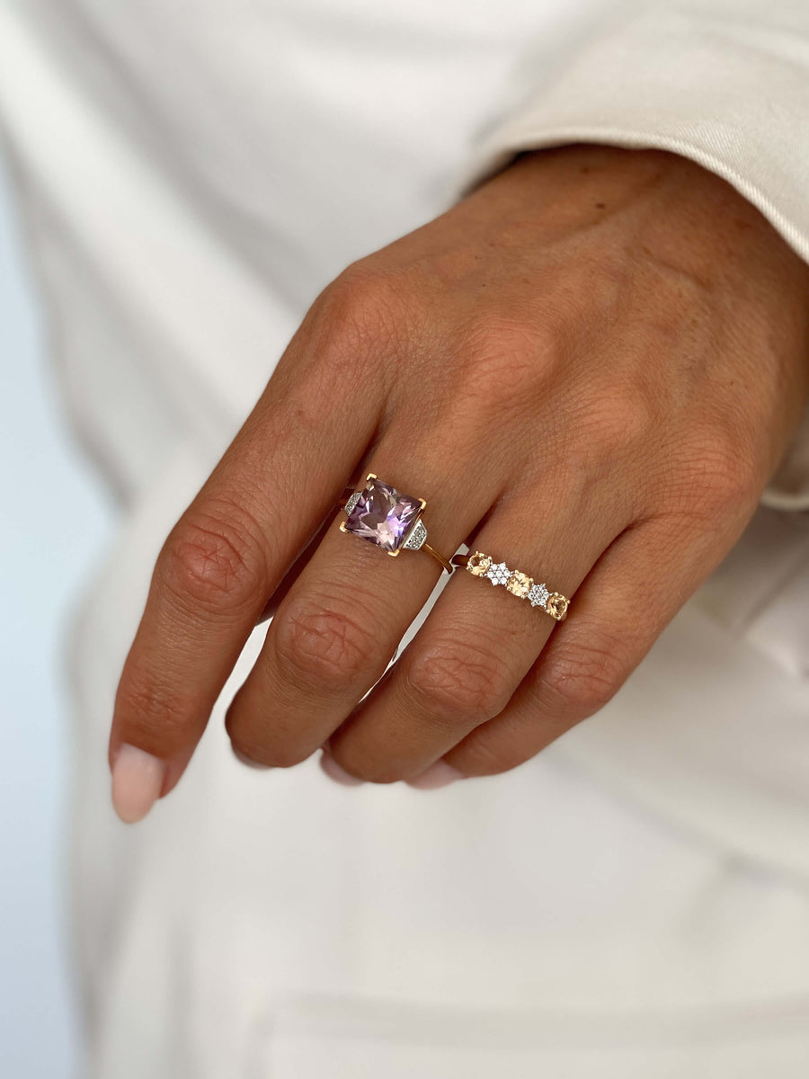 Vintage Peach Quartz & CZ Flowers Ring