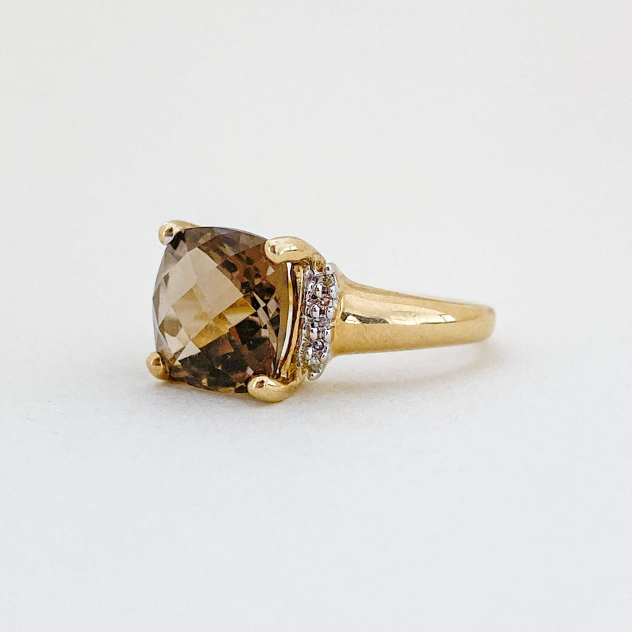 Smoky Quartz & Diamond Cushion Ring