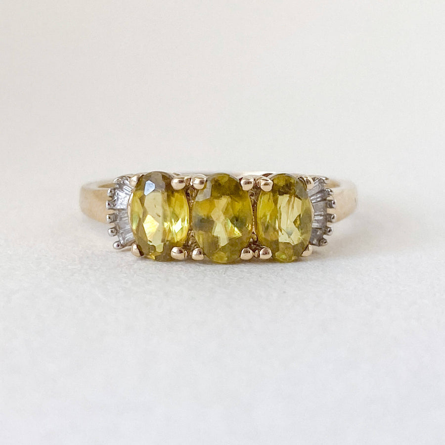Vintage Peridot & Diamond Baguettes Trilogy Ring