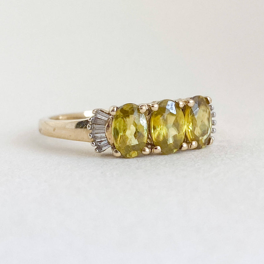 Vintage Peridot & Diamond Baguettes Trilogy Ring