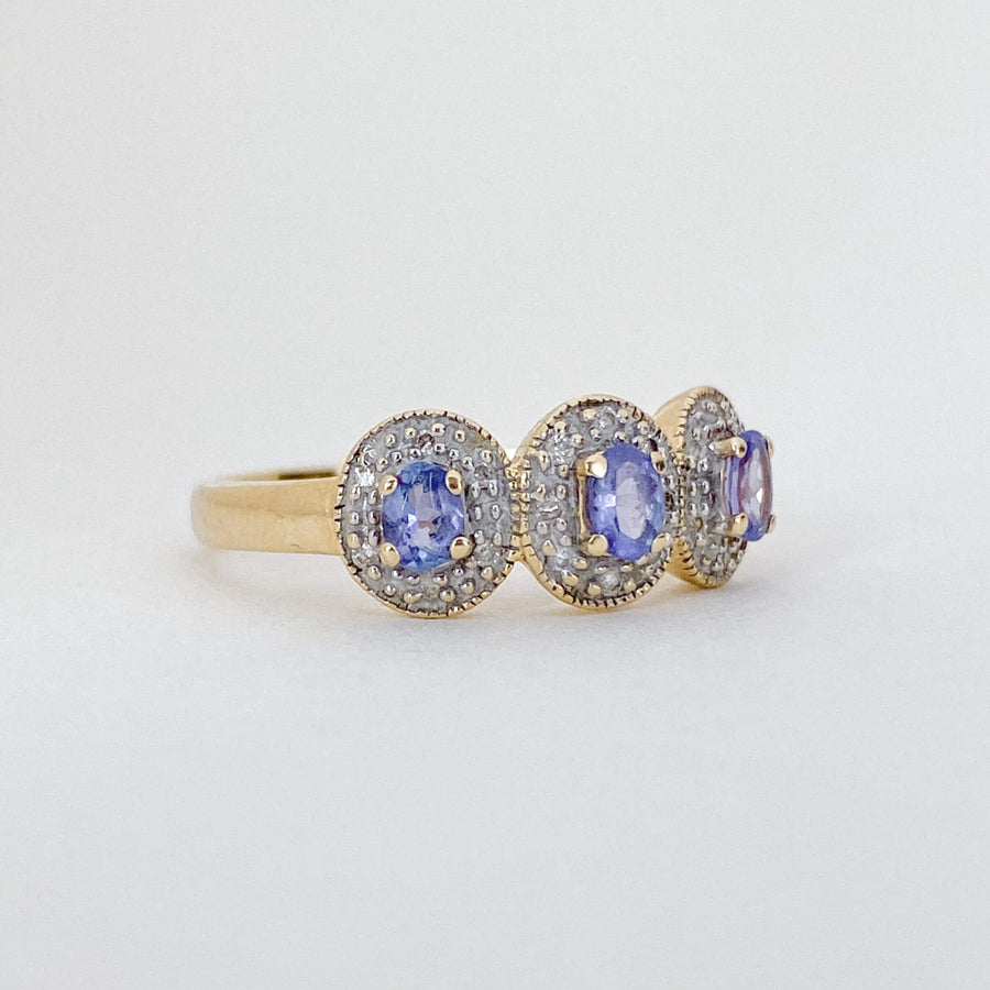 Vintage Tanzanite & Diamond Halo Trilogy Ring