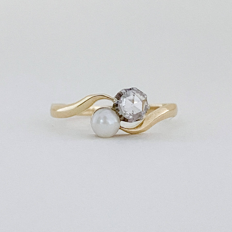 Vintage Rose Cut Diamond & Pearl Toi et Moi Ring