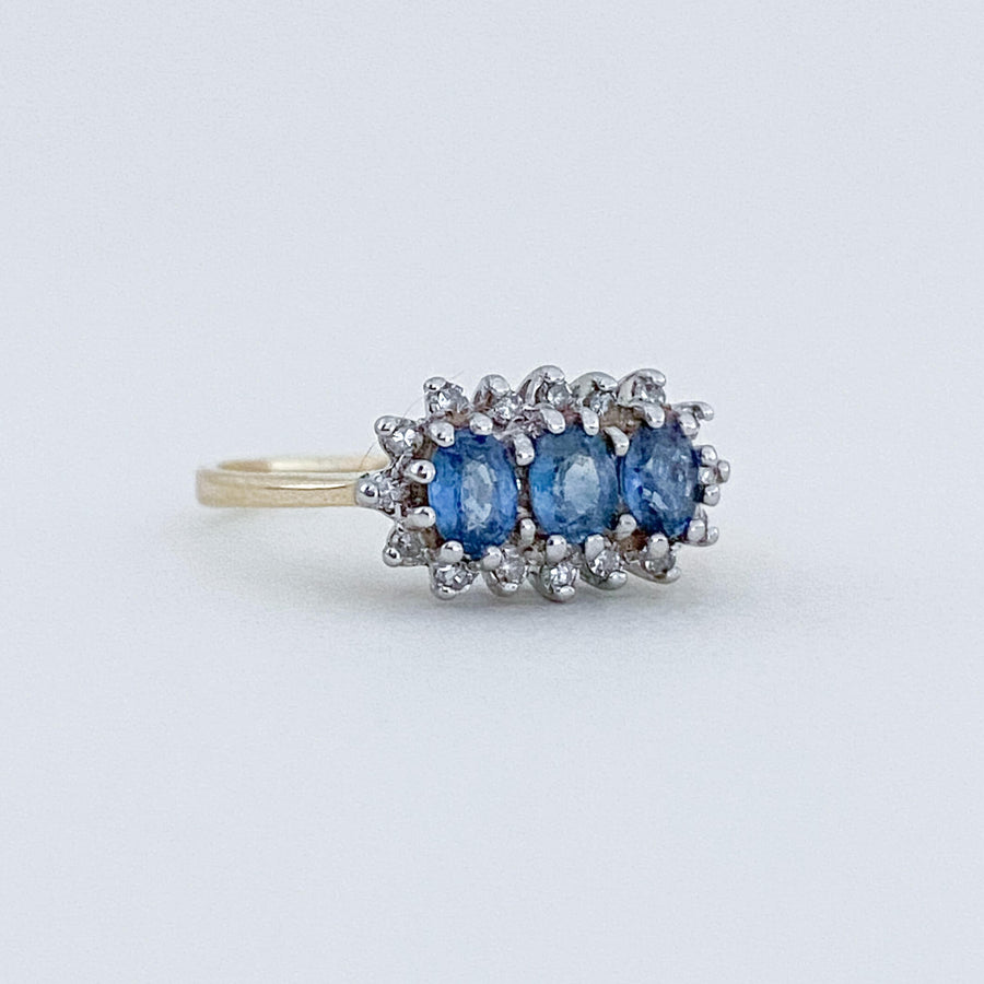 Vintage Ceylon Sapphire & Diamond Trois Halo Ring