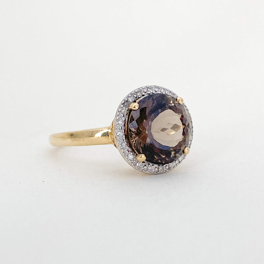 Vintage Smoky Quartz & Diamond Halo Ring