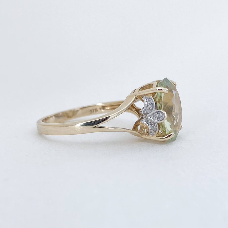 Vintage Lemon Quartz & Diamond Oval Ring