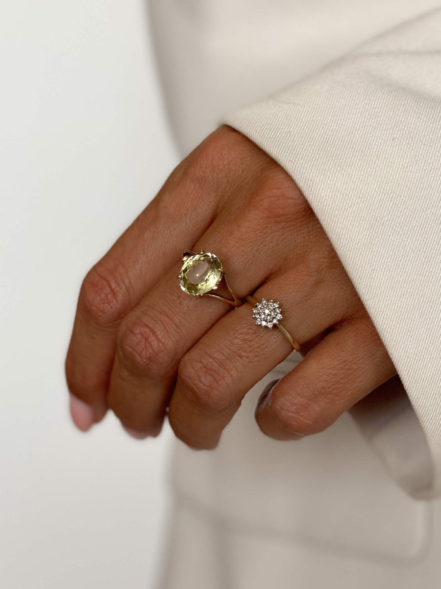 Vintage Lemon Quartz & Diamond Oval Ring