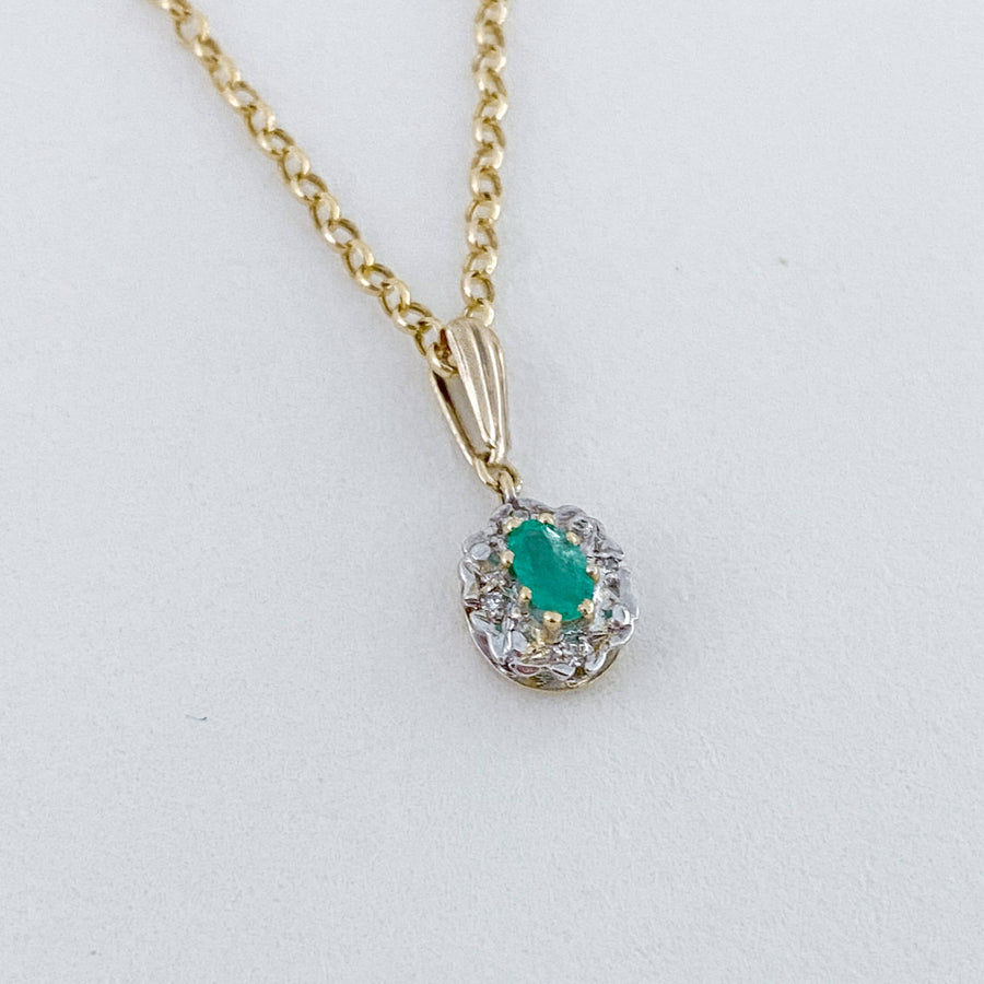 Vintage Emerald & Diamond Halo Pendant & Necklace