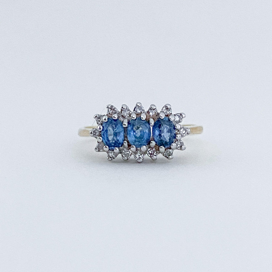 Vintage Ceylon Sapphire & Diamond Trois Halo Ring