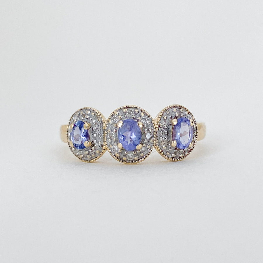 Vintage Tanzanite & Diamond Halo Trilogy Ring