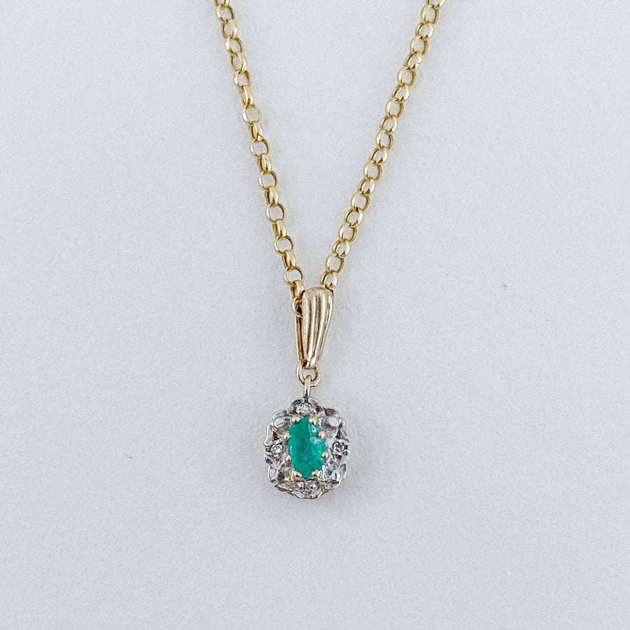 Vintage Emerald & Diamond Halo Pendant & Necklace